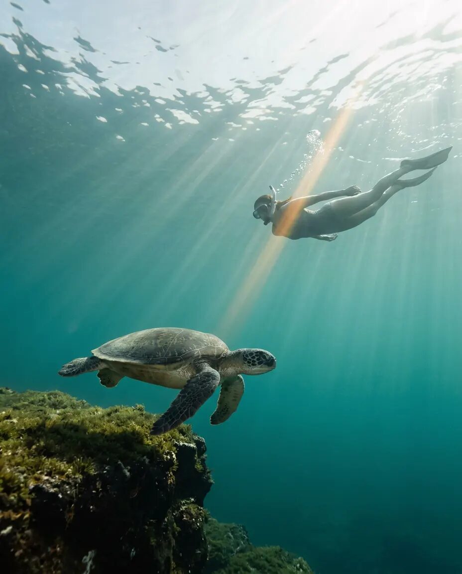 Sea turtle rising toward the surface