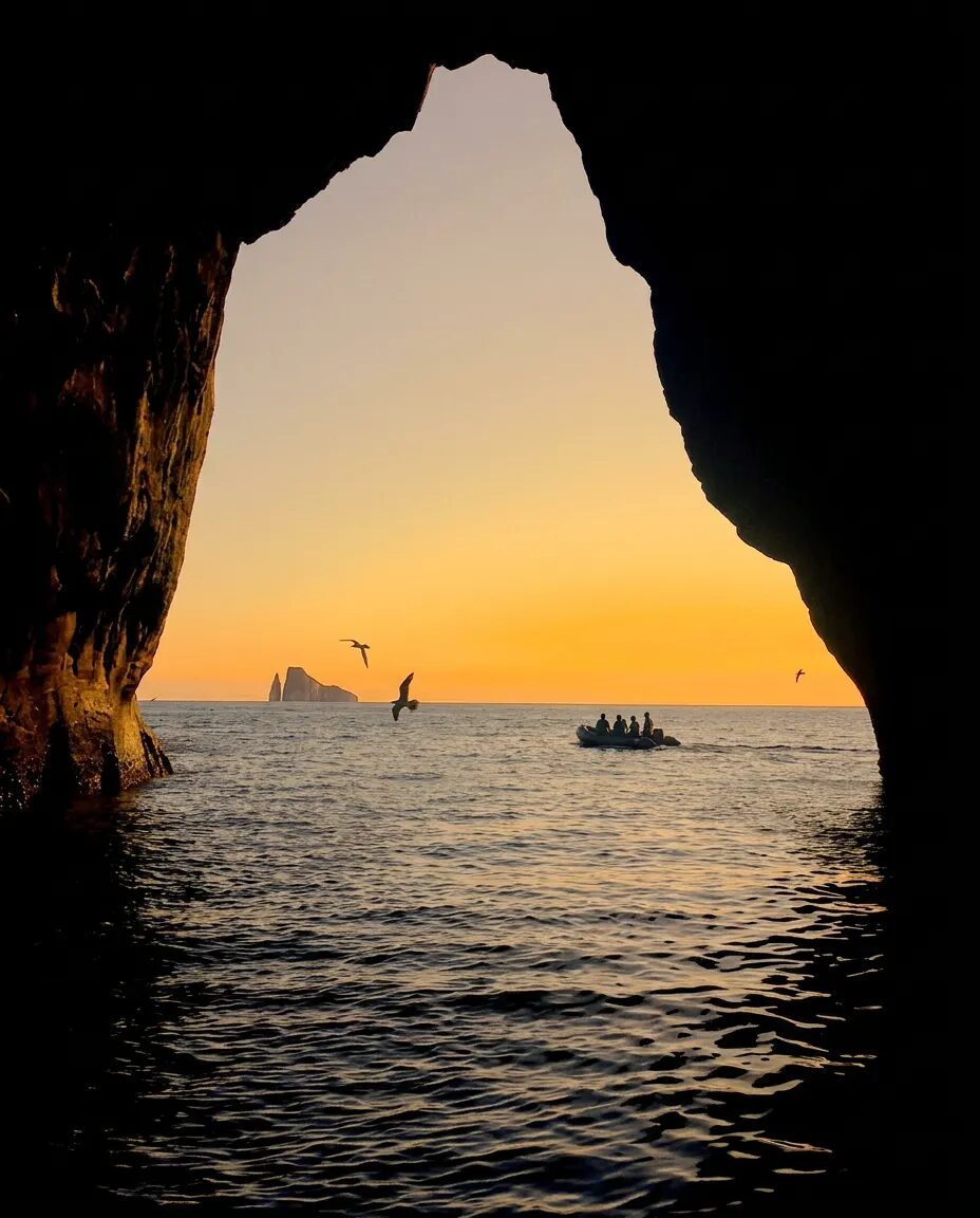 Sea arch opening onto the Pacific at dusk