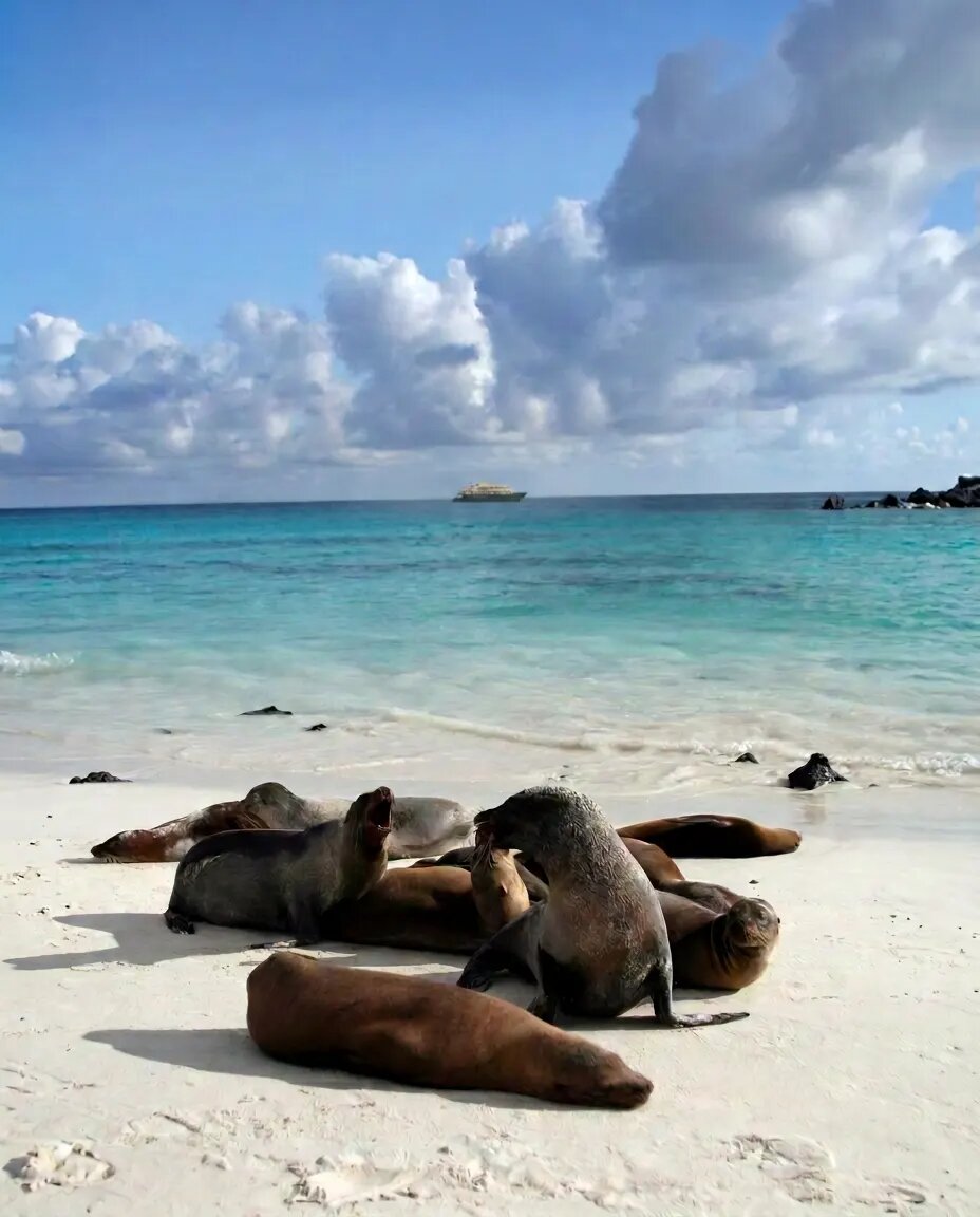 Sea lions resting on a Galápagos beach