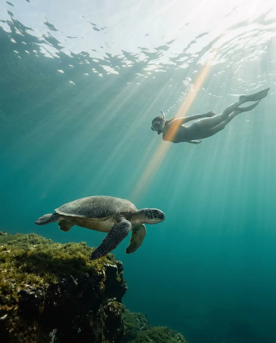 Sea turtle and snorkeler underwater